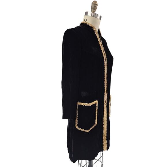 Vtg Black Velvet  Dress Coat Gold Trim Pockets Zipper down front 60s 70s Women L - Picture 2 of 4